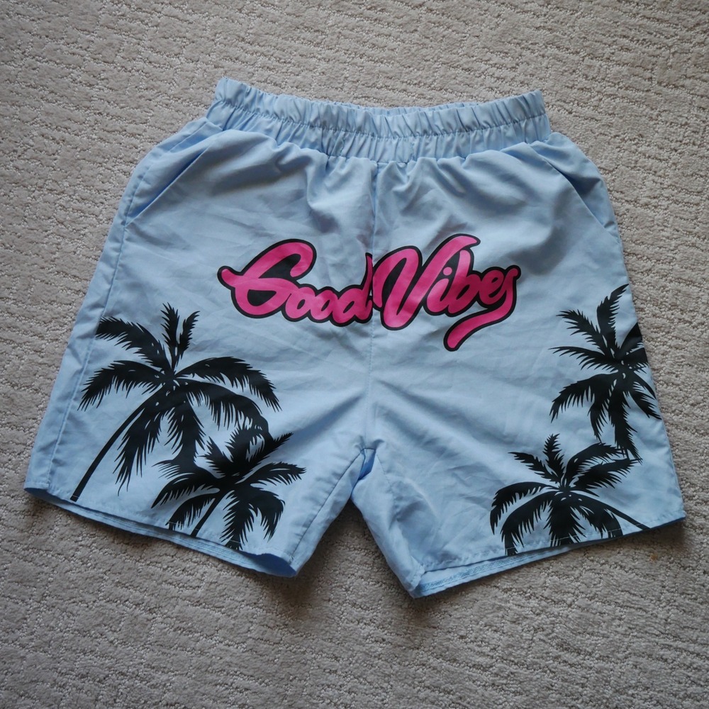 Romwe Mens Good Vibes Palm Tree Graphic Shorts Blue Summer Beach Casual Size S